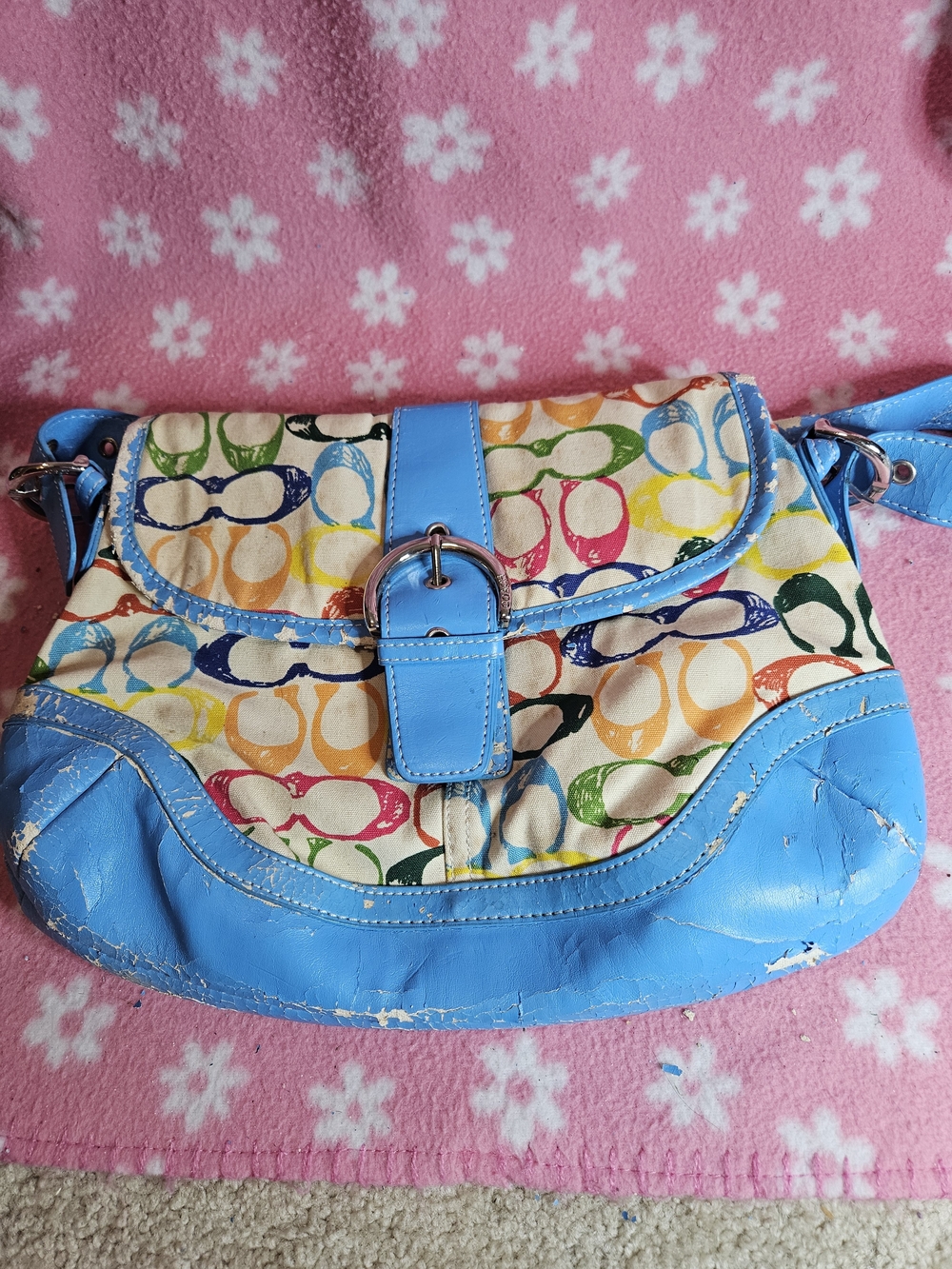 Vintage Coach signature multi-color "scribble" or rainbow C-pattern flap shoulde